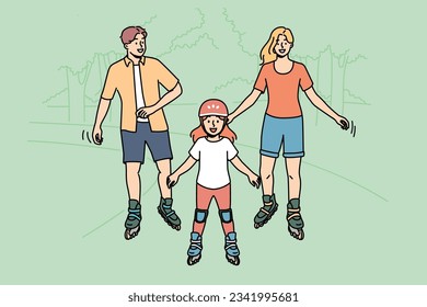 Happy family roller skating in park enjoying joint activity on nature in warm summer weather. Little girl roller skating and laughing together with mom and dad during outdoor recreation