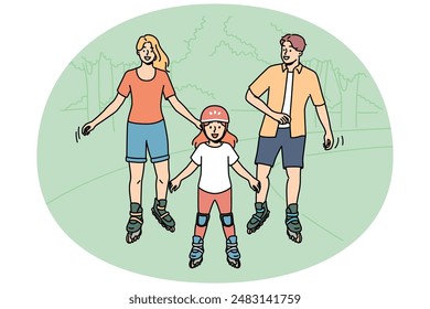 Happy family roller skating in park enjoying joint activity on nature in warm summer weather. Little girl roller skating and laughing together with mom and dad during outdoor recreation