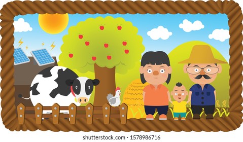 Happy family in the rope frame. Farmer family. vector cute.