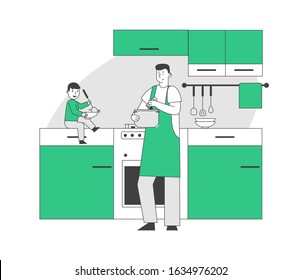 Happy Family Routine Concept. Single Father Cooking Dinner on Kitchen together Little Baby Son Sitting at Table Helping. Weekend Sparetime Leisure and Duties. Flat Vector Illustration, Line Art