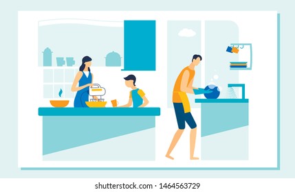 Happy Family Routine on Kitchen. Mother Cooking with Mixer, Father Washing Dishes, Son with Cup Waiting Mom Make Cocktail. Weekend Sparetime Together, Leisure, Duties. Cartoon Flat Vector Illustration