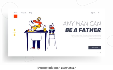 Happy Family Routine and Sparetime Website Landing Page. Single Father Cook Dinner on Kitchen, Little Baby Son Sitting in High Chair Eating Web Page Banner. Cartoon Flat Vector Illustration, Line Art