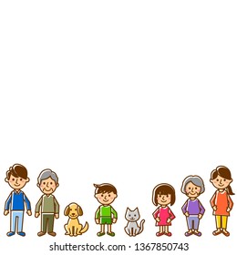Happy family in a row. Grandparents, parents, children and pets. Vector illustration.

