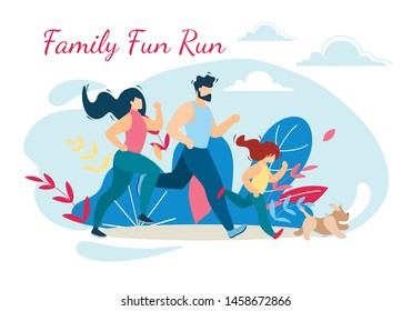 Happy Family Run Fun Sport Activity. Mother, Father and Kid Exercising, Running in Raw in Park at Morning. Dad, Mom, Daughter and Dog Fitness Healthy Lifestyle Cartoon Flat Vector Illustration, Banner