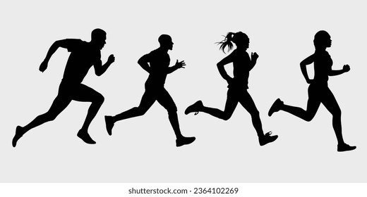 Happy family Runing silhouette, Black and white vector design