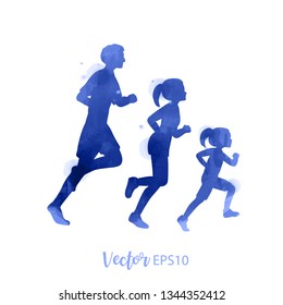 Happy family running silhouettes watercolor. Healthy life. Vector illustration
