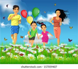 happy family running together