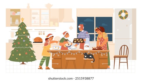 Happy family in Santa hats baking cookies for Christmas in the kitchen flat vector illustration. Parents with children preparing for Christmas celebration.  