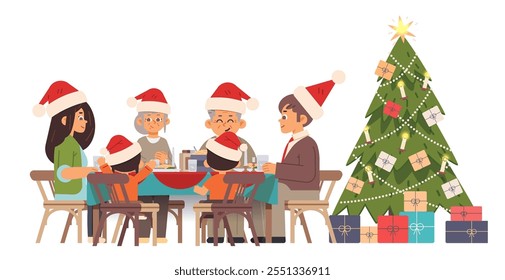 Happy family in Santa hats having Christmas dinner on isolated background. People sit at festive table vector illustration