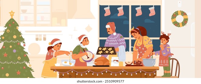 Happy family in Santa hats making food for Christmas dinner in the kitchen flat vector illustration. Parents with three children preparing for Christmas celebration. 