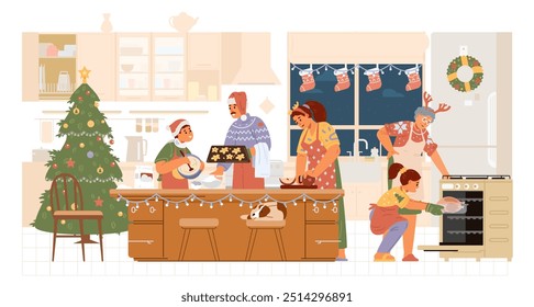 Happy family in Santa hats preaparing food for Christmas dinner in the kitchen flat vector illustration. Parents with children and grandmother preparing for Christmas celebration. 