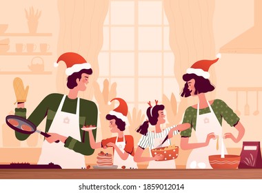 Happy Family In Santa Hats Preparing Breakfast Together For Christmas. Parents And Children Spend Time Cooking