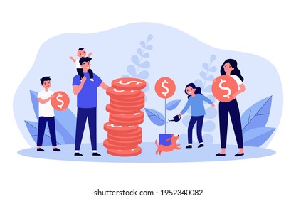 Happy family saving money. Mom holding coin, girl watering money tree, stack of coins flat vector illustration. Family or household budget concept for banner, website design or landing web page