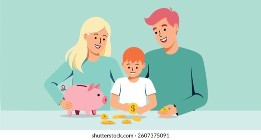happy family saving money together using a piggy bank