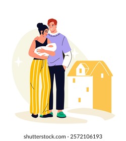 Happy family scene. Man and woman with baby. Father, mother and toddler. Good family relationships. Positivity and optimism. Husband and wife. Cheerful parents. Flat vector illustration