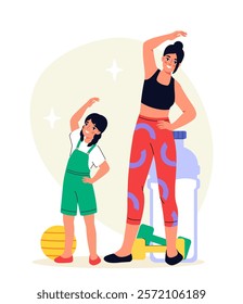 Happy family scene. Woman and girl stretch. Mother and daughter do sports and fitness, yoga. Good family relationships. Training and workout, active lifestyle. Flat vector illustration