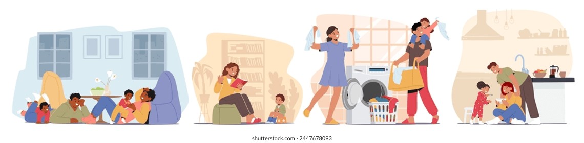 Escenas Familiares Felices En Casa. Padres y personajes de niños pequeños pasan tiempo juntos, disfrutando de las tareas de lavandería, juntos, madre leyendo al bebé sentado en el baño. Ilustración vectorial de Personas de dibujos animados