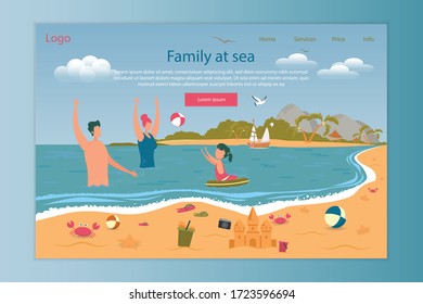 Happy Family at Sea on Tropical Summer Vacation Landing Page Design. Cheerful Mother, Father and Daughter Playing Ball in Ocean. Tour for Parent and Kid at Seaside. Beach Holiday. Vector Illustration
