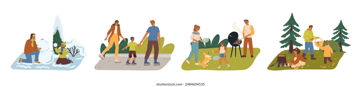 Happy family seasonal activity vector illustration scene set