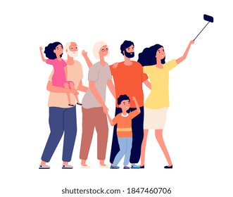 Happy family selfie. Cheerful people portrait, group take photo on phone. Cartoon woman daughter grandfather together utter vector concept