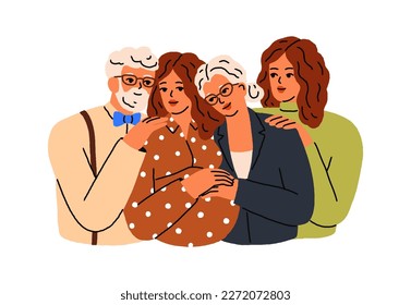 Happy family, senior old parents, pregnant daughter. Aged elderly mother, father hugging adult young girls. Sisters and retired mom, dad portrait. Flat vector illustration isolated on white background