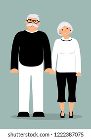 Happy family seniors: smiling smart elderly man and woman in full growth on the blue background. Vector illustration