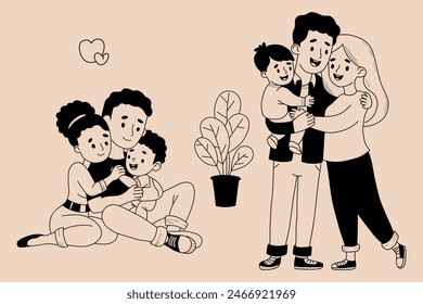 Happy family set. Cute sitting and standing beauty woman wife with husband and child son. Isolated hand drawings in doodle style. Vector illustration.