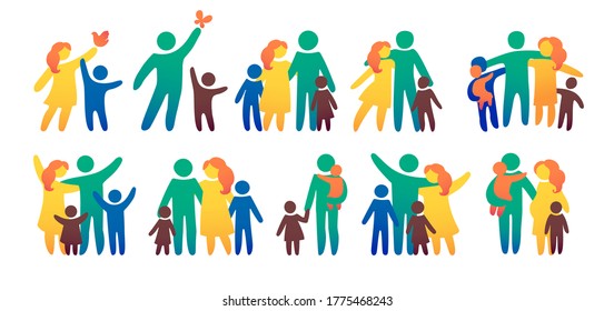 Happy Family Set. Icons Multicolored In Simple Figures. Children, Dad And Mom Stand Together. Brother And Sisters, Pregnancy Mom And Single Parent. Vector Can Be Used As Logotype.