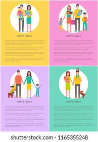 Happy family set mother, father, daughter and son and adorable pet. Vector parents and children leaflet poster text sample, and people isolated in circle