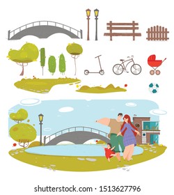 Happy Family Set. Mother, Father and Little Daughter Outdoor Activity in Summer Park. People Stand at Bridge over River. Scooter, Bicycle, Bench Trees Baby Stroller Cartoon Flat Vector Illustration