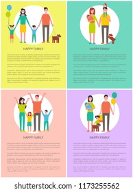 Happy family set vector banner cartoon style. Cheerful people with babies, hold infant in arms, with dog on leash and balloon, having fun badge poster