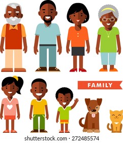 Happy family of seven african american ethnic people and two pets isolated on white background in flat style