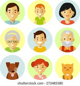 Happy family of seven people avatars icons and two pets isolated on white background in flat style