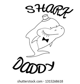 Happy Family sharks. Daddy shark in top hat and bow tie. Cute cartoon outline of sea animals. Transparent black silhouette on a white background. Linear illustration for coloring book