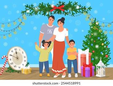 Happy family shooting New year photo in decorated studio