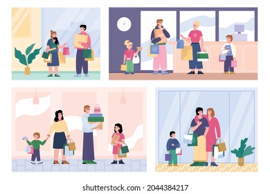 Happy family shoppers - man, woman and children hold lot shopping bags, gift boxes and packages. Parents with kids enjoy buyings at stores or malls. Flat vector banners
