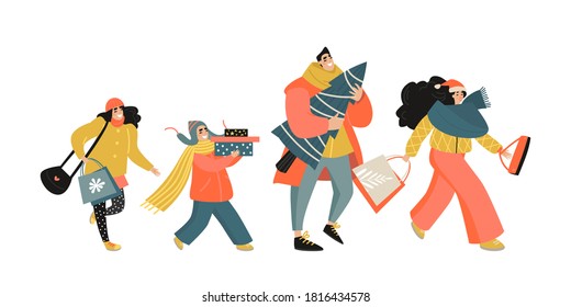 Happy family with shopping bags and Christmas gifts. Parents and kids after the Christmas sale. Isolated cartoon characters in flat style sale