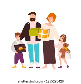 Happy family shopping. Cheerful mother, father, daughter and son holding toys and gift boxes. Cute cartoon characters isolated on white background. Colorful vector illustration in flat style.