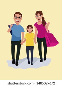Happy family with shopping day. Vector illustration of a flat design