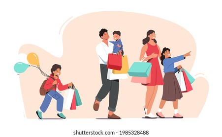 Happy Family Shopping. Father, Mother and Little Kids Holding Paper Bags and Balloons Visiting Supermarket for Purchases, Children with Parents in Shop Market on Weekend. Cartoon Vector Illustration