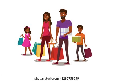 Happy Family Shopping Flat Vector Concept with African-American Father, Mother and Children Carrying Packets and Gift Boxes Illustration Isolated on White Background. Parents Buying Goods with Kids