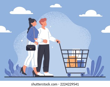 Happy family with shopping. Man and woman walking with grocery cart in supermarket or store. Advertising poster or banner for website. Young couple with packages. Cartoon flat vector illustration