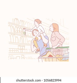 Happy family shopping at the market. hand drawn style vector doodle design illustrations.