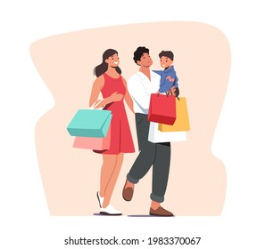 Happy Family Shopping. Mother and Father with Little Kid on Hands Visit Supermarket for Purchases, Child with Parents in Shop Market on Weekend. Baby Sitting on Dad Arms. Cartoon Vector Illustration