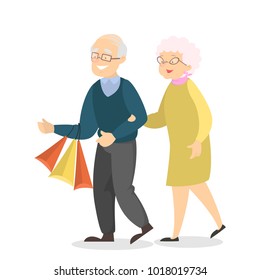 Happy Family Shopping. Old Couple With Shopping Bags.