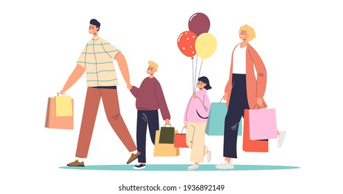 Happy Family Shopping. Parents And Kids With Presents And Gifts During Seasonal Sales And Discounts Holding A Lot Of Shopping Bags. Cute Cartoons Purchasing. Flat Vector Illustration