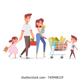 Compras familiares felizes - pais com filhos felizes. Grande venda. Compra de bens e presentes. Ilustração plana Vector, desenho de desenhos animados.