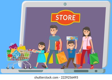 Happy family with shopping. Shoppers father mother, son and daughter are holding bags and gifts. Big Sale. Go to store or supermarket with children lots of fun and purchases. online shopping