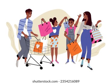 Happy family with shopping. Smiling characters bought goods. Mom and dad, daughter and son with paper bags in store. Parents and children in shop market at weekend. Cartoon flat vector illustration