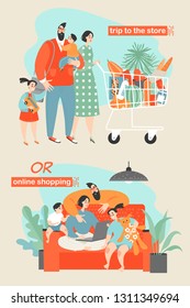 Happy family shopping in the store or buying online while sitting on the couch. Set of cute cartoon illustrations. Modern technologies facilitate the routine